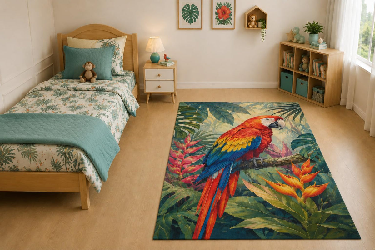 ICE ARMOR "Ultra Light Weight 5' x 7' Tropical Scarlet Macaw Area Rug for Living Room, Bedroom and Home Office, Soft Low Pile Carpet with Non-Slip Silicone Backing, Red and Green
