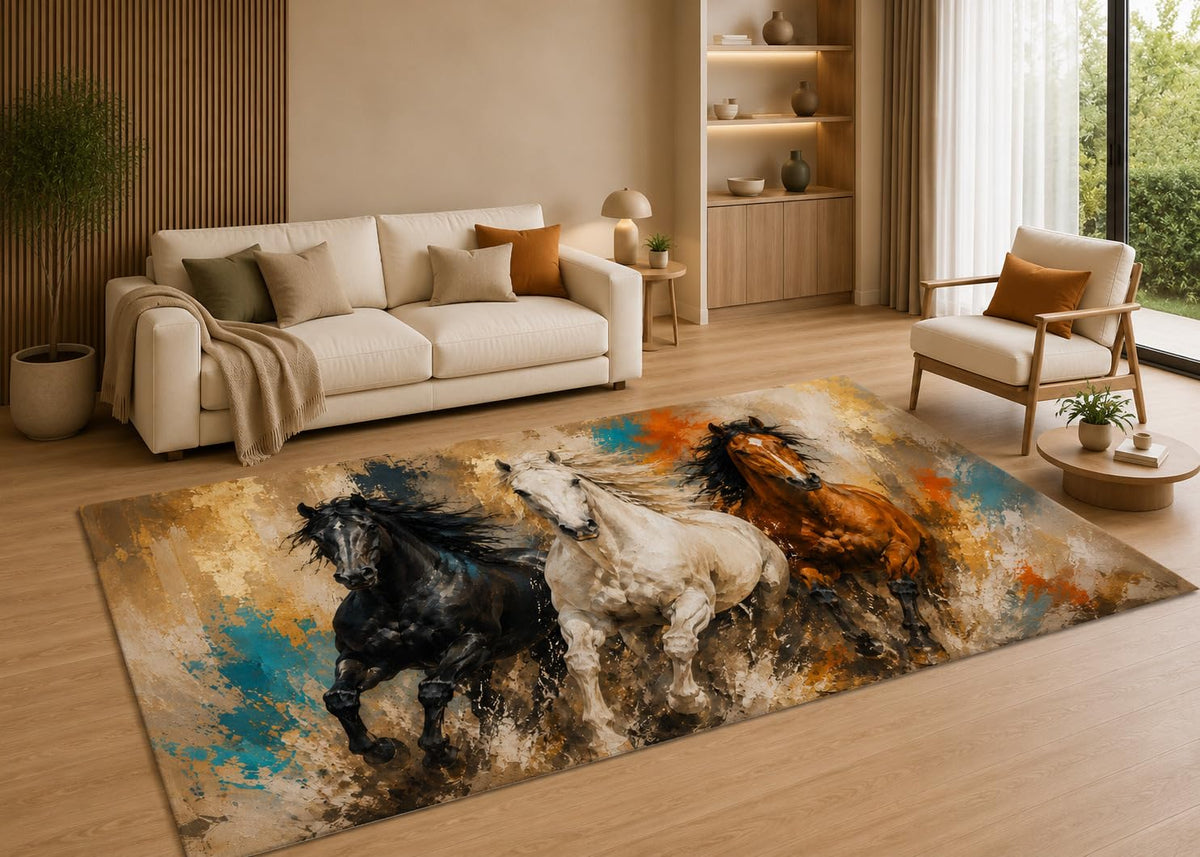 ICE ARMOR 5' x 7' Running Horses Area Rug with Non-Slip Silicone Backing Low Pile Soft Carpet for Living Room Bedroom Western Ranch Animal Decor