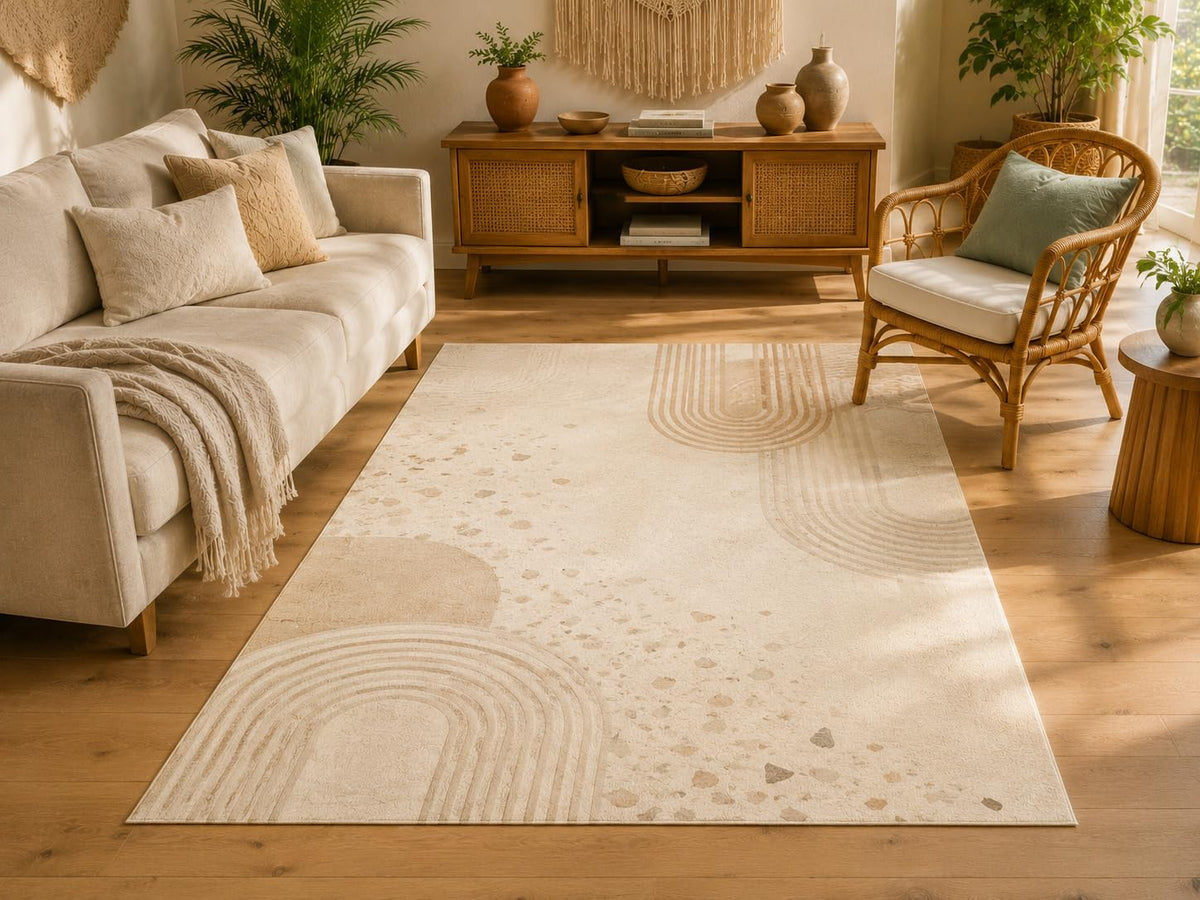 ICE ARMOR 5' x 7' Modern Terrazzo Arch Area Rug, Soft Low Pile Indoor Rug with Non-Slip Silicone Backing for Living Room, Bedroom, Dining Room, Office, Cream
