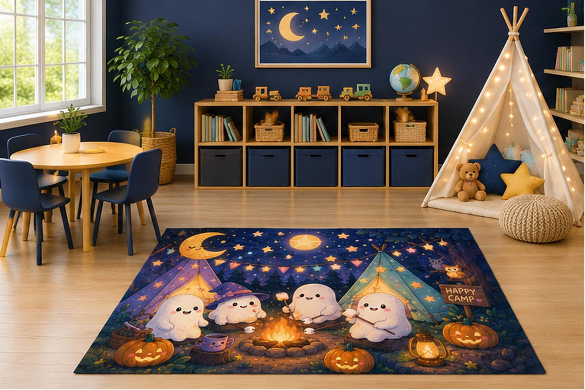 ICE ARMOR 5' x 7' Ghost Campfire Halloween Kids Area Rug, Cute Kawaii Ghosts Camping Pumpkin Night Forest Playroom Nursery Bedroom Decor, Non-Slip Silicone Backing Low Pile