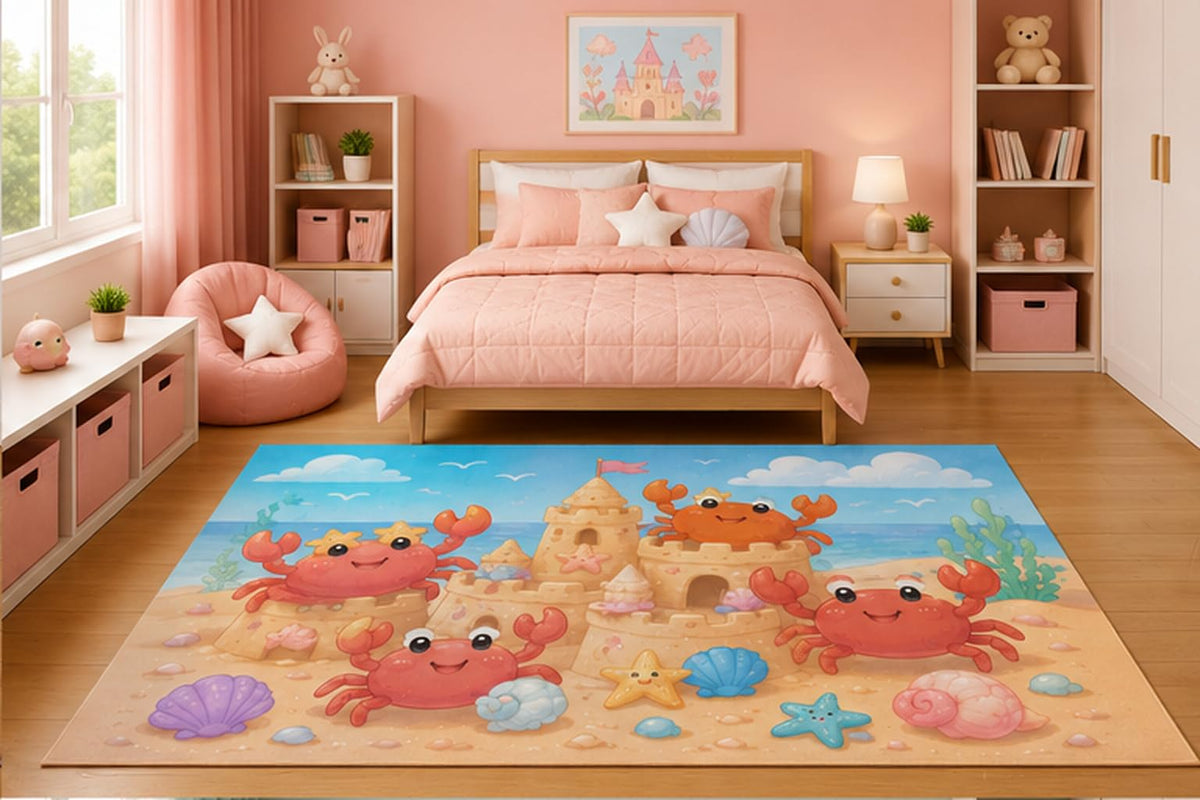 ICE ARMOR 5' x 7' Cute Smiling Crabs Sandcastle Beach Area Rug for Kids Bedroom Nursery Playroom Scandinavian Minimalist Coastal Ocean Decor Non-Slip Silicone Backing Low Pile