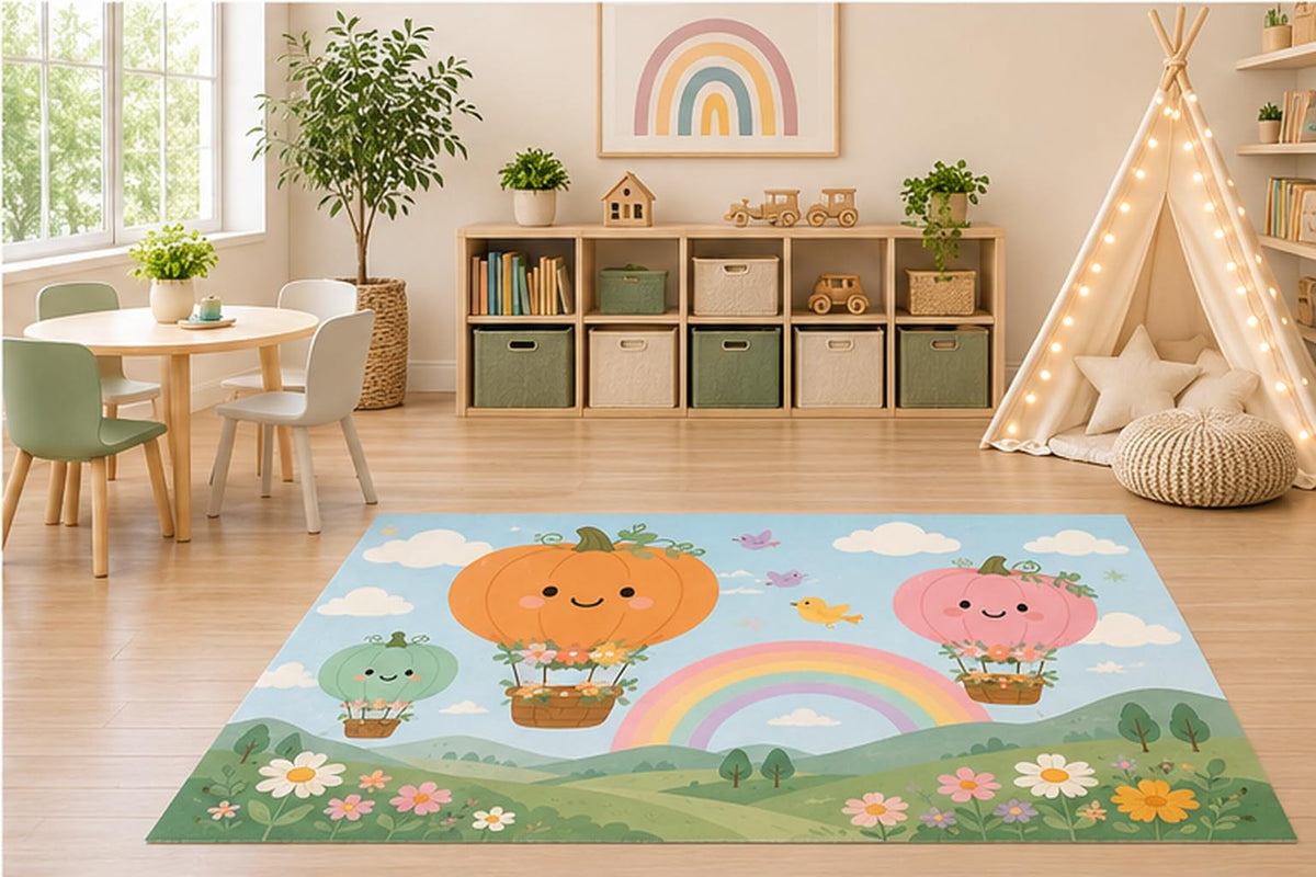 ICE ARMOR 5' x 7' Pumpkin Hot Air Balloon Kids Area Rug, Cute Rainbow Autumn Cartoon Nursery Playroom Bedroom Classroom Decor, Non-Slip Silicone Backing Low Pile