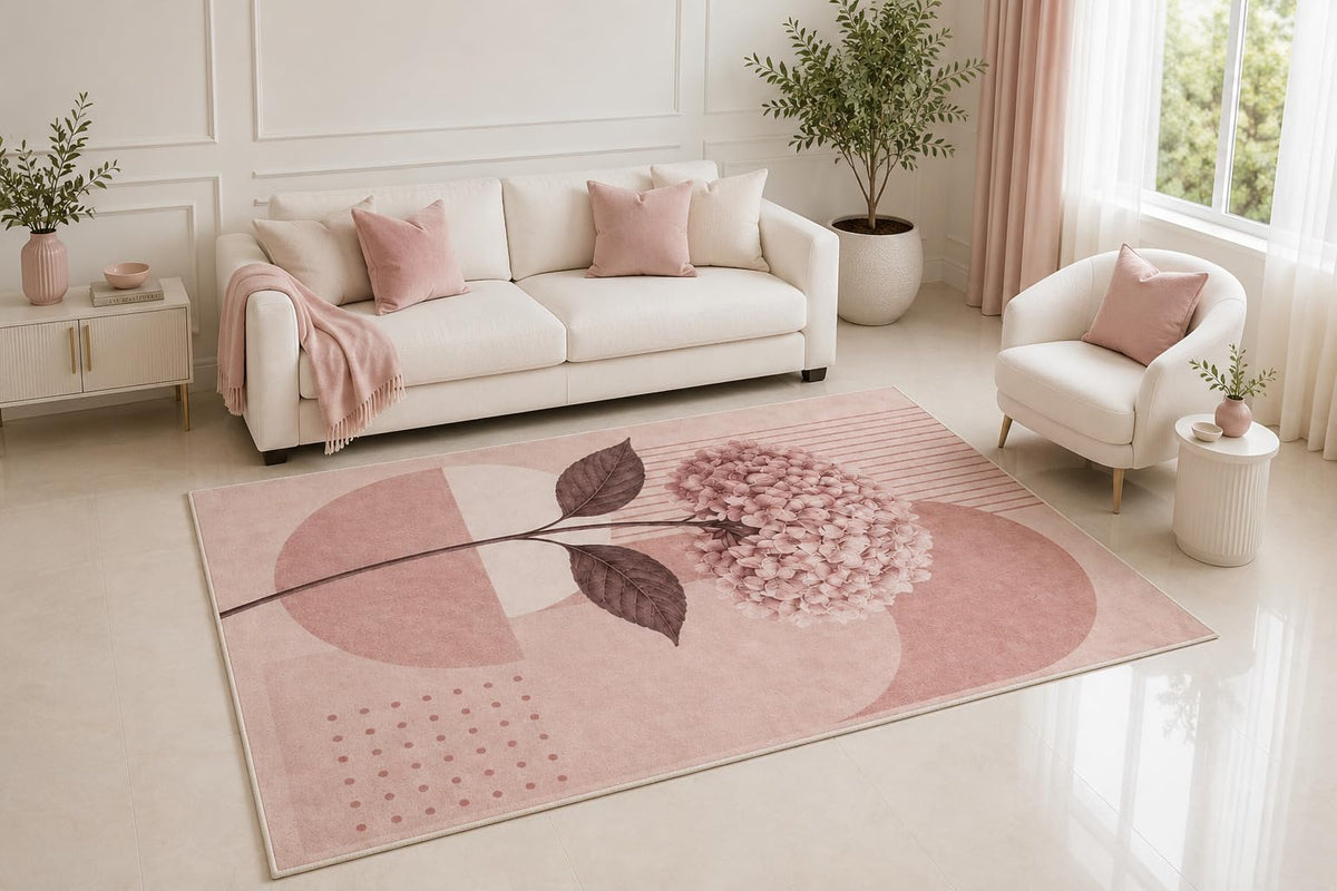 ICE ARMOR 5' x 7' Pink Hydrangea Area Rug, Modern Botanical Floral Geometric Blush Design for Living Room Bedroom Nursery Decor, Non-Slip Silicone Backing Low Pile