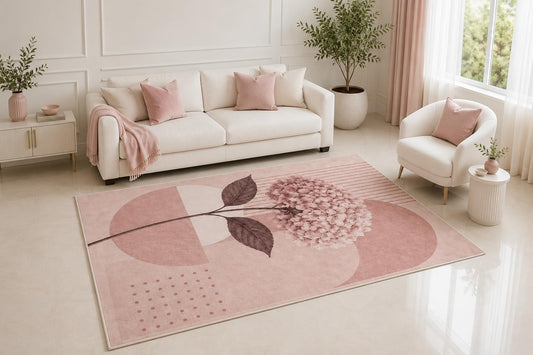 ICE ARMOR 5' x 7' Pink Hydrangea Area Rug, Modern Botanical Floral Geometric Blush Design for Living Room Bedroom Nursery Decor, Non-Slip Silicone Backing Low Pile