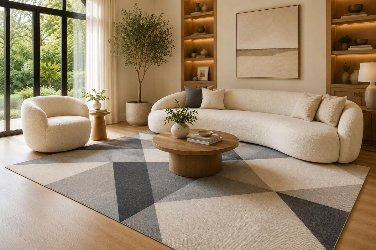 ICE ARMOR 6'7" x 9'10" Gray and Cream Angular Geometric Area Rug for Living Room, Soft Low Pile Carpet with Non-Slip Silicone Backing, Floor Decor for Bedroom, Dining Area and Home Office