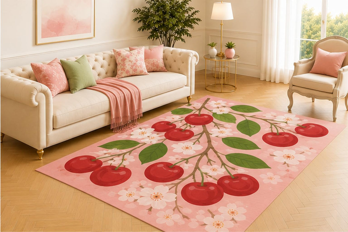 ICE ARMOR 5' x 7' Cherry Blossom Fruit Area Rug, Modern Red Cherry and White Floral Botanical Design on Pink Background, Soft Low Pile Carpet for Bedroom Nursery Living Room Decor