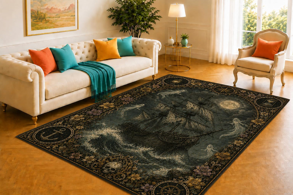 ICE ARMOR 5' x 7' Ghost Ship Rug, Moonlit Ocean and Stormy Wave Artwork, Smooth Printed Floor Cover for Bedroom, Office, Lounge and Nautical Gothic Decor