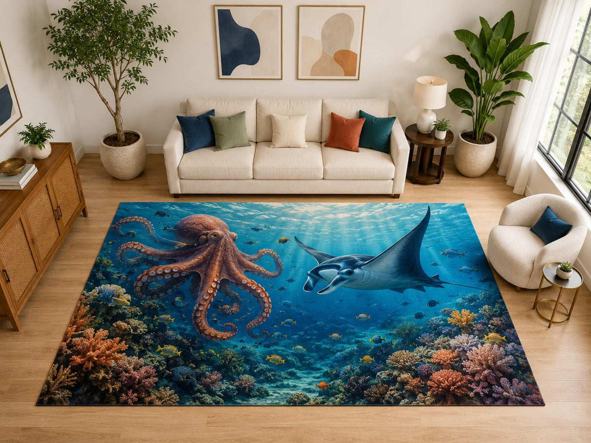 ICE ARMOR "Ultra Light Weight Large 6'7" x 9'10" Octopus Manta Ray Reef Rug for Living Room, Soft Low Pile Indoor Rug and Non-Slip Silicone Backing, Blue