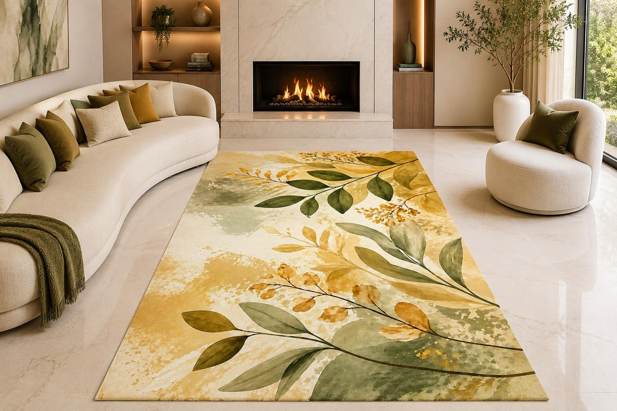 ICE ARMOR "Ultra Lightweight Large 6'7" x 9'10" Autumn Leaves Area Rug for Living Room, Bedroom and Home Office, Soft Low Pile Carpet with Non-Slip Silicone Backing, Green and Golden Color