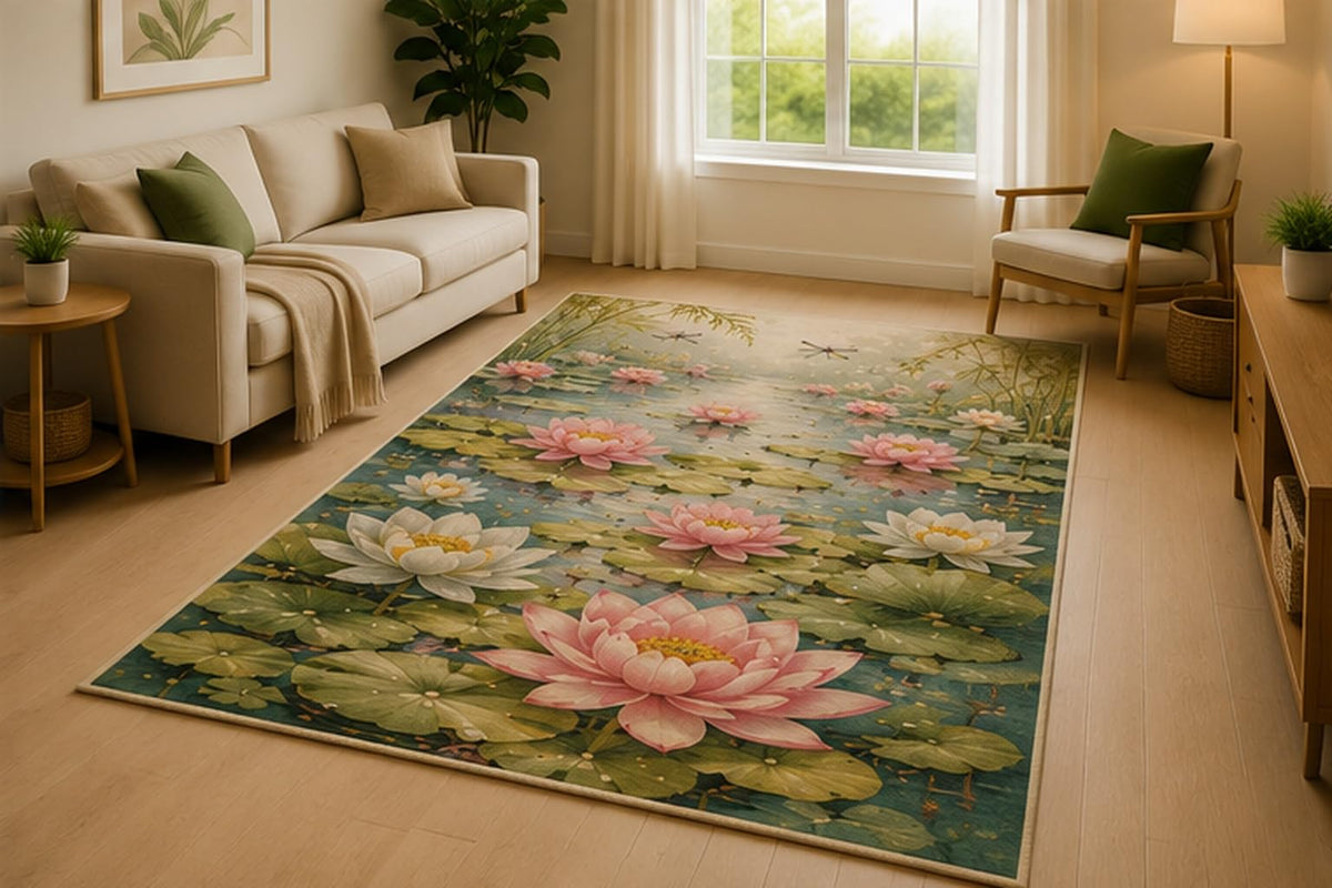 ICE ARMOR 5' x 7' Blooming Lotus Water Garden Area Rug for Living Room, Soft Low Pile Indoor Rug with Non-Slip Silicone Backing, Bedroom, Kids & Pets, Green Pink