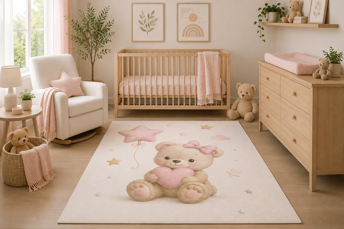 ICE ARMOR 5' x 7' Teddy Bear Heart Area Rug, Cute Pink Nursery Baby Girl Bedroom Playroom Decor with Balloon, Non-Slip Silicone Backing Low Pile Indoor Carpet