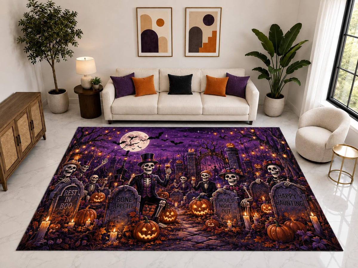 ICE ARMOR "Ultra Light Weight Large 6'7" x 9'10" Skeleton Graveyard Halloween Rug, Soft Low Pile Indoor Rug, Non-Slip Silicone Backing for Living Room Purple