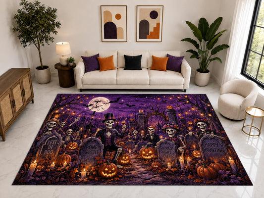 ICE ARMOR "Ultra Light Weight Large 6'7" x 9'10" Skeleton Graveyard Halloween Rug, Soft Low Pile Indoor Rug, Non-Slip Silicone Backing for Living Room Purple