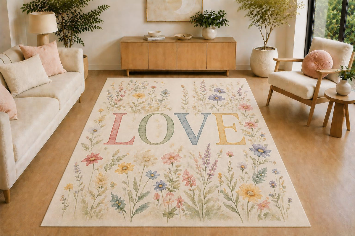 ICE ARMOR 5' x 7' Watercolor Wildflower Meadow Love Area Rug, Soft Low Pile Indoor Rug with Non-Slip Silicone Backing for Living Room, Bedroom, Nursery, Family Room, Cream Pink Blue