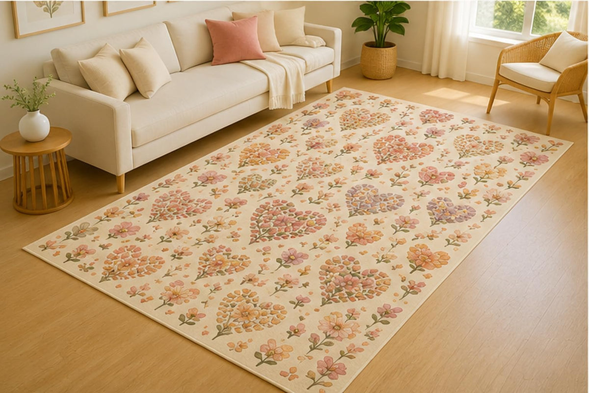 ICE ARMOR 5' x 7' Tiny Floral Heart Pattern Area Rug for Living Room, Soft Low Pile Indoor Rug with Non-Slip Silicone Backing, Decorative Carpet for Bedroom, Family Room, Office, Cream Pastel
