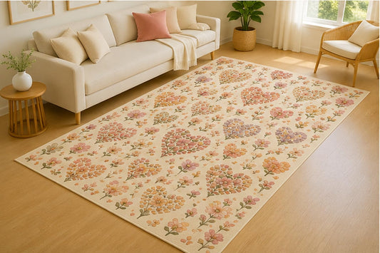 ICE ARMOR 5' x 7' Tiny Floral Heart Pattern Area Rug for Living Room, Soft Low Pile Indoor Rug with Non-Slip Silicone Backing, Decorative Carpet for Bedroom, Family Room, Office, Cream Pastel