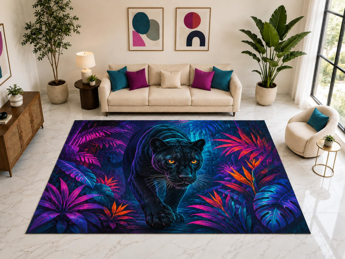 ICE ARMOR "Ultra Light Weight Large 6'7" x 9'10" Neon Panther Jungle Rug, Soft Low Pile Indoor Rug, Non-Slip Silicone Backing for Bedroom Purple