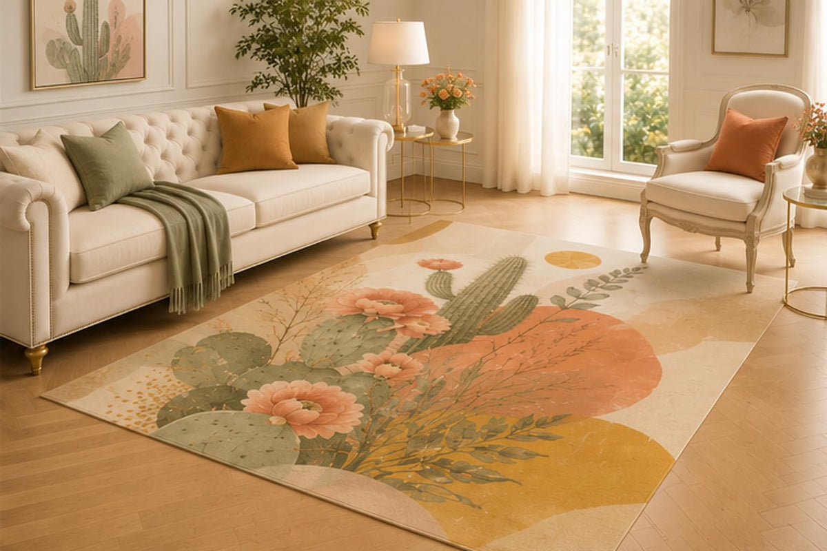ICE ARMOR 5' x 7' Desert Cactus Floral Area Rug for Living Room, Soft Low Pile Indoor Carpet with Non-Slip Backing for Bedroom, Dining Room, Office, Orange