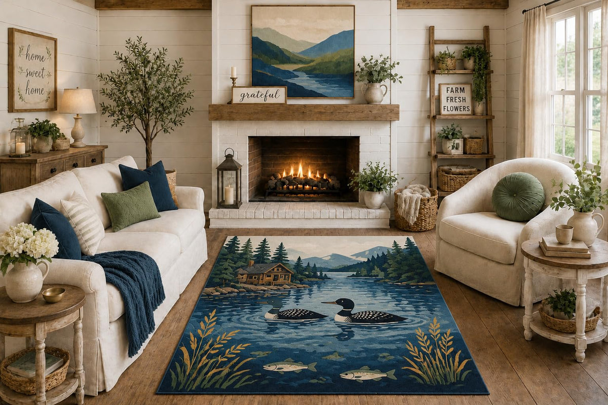 ICE ARMOR "Ultra Light Weight 5' x 7' Lake Loon Landscape Area Rug, Rustic Woodland Cabin Nature Design for Living Room Lodge Bedroom, Non-Slip Silicone Backing Low Pile