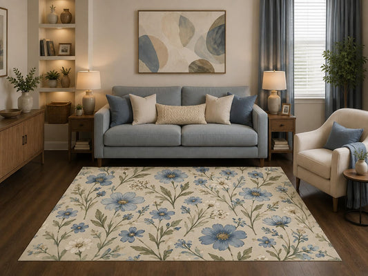 ICE ARMOR 5' x 7' Vintage Blue Floral Area Rug Cottagecore Botanical Wildflower Garden Living Room Bedroom Dining Room Farmhouse Decor Non-Slip Silicone Backing Low Pile