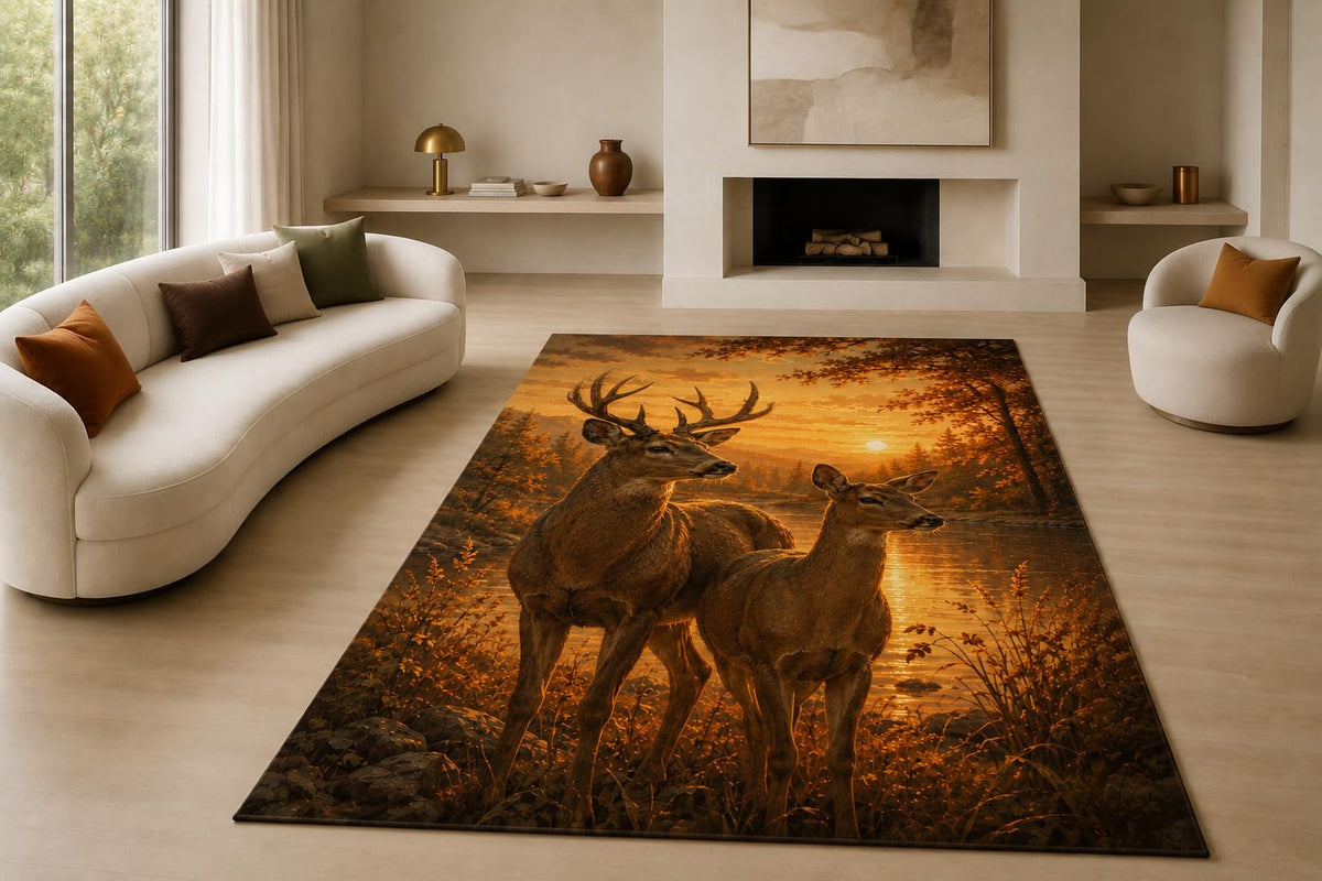 ICE ARMOR "Ultra Lightweight Large 6'7" x 9'10" Deer Pair at Sunset Area Rug for Living Room, Bedroom and Home Office, Soft Low Pile Carpet with Non-Slip Silicone Backing, Brown and Orange