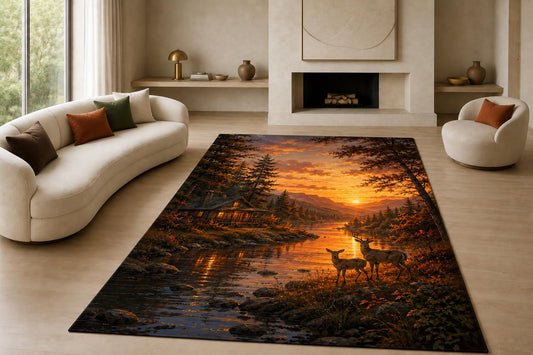 ICE ARMOR "Ultra Lightweight Large 6'7" x 9'10" Lakeside Deer Cabin Area Rug for Living Room, Bedroom and Home Office, Soft Low Pile Carpet with Non-Slip Silicone Backing, Brown and Orange