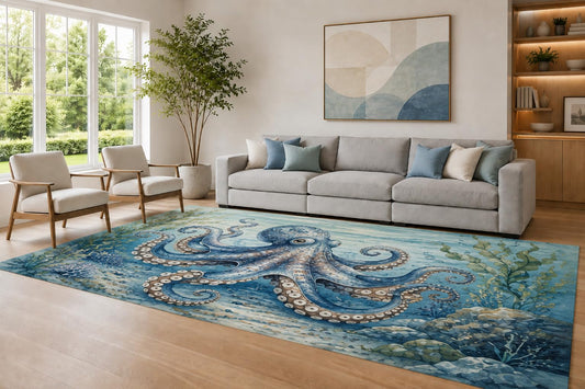 ICE ARMOR Large 6'7" x 9'10" Blue and Cream Octopus Reef Area Rug for Living Room, Soft Low Pile Carpet with Non-Slip Silicone Backing, Decor for Bedroom Dining Room and Home Office