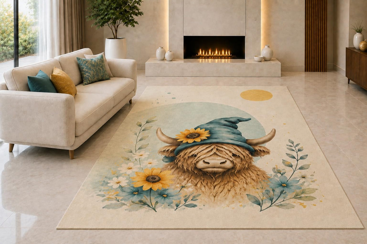 ICE ARMOR "Ultra Light Weight 5' x 7' Sunflower Highland Cow Area Rug for Living Room, Bedroom and Home Office, Soft Low Pile Carpet with Non-Slip Silicone Backing, Cream and Blue