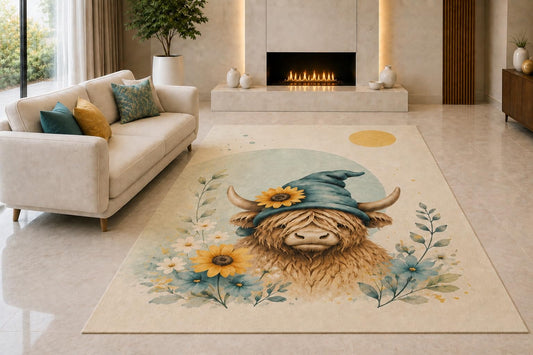 ICE ARMOR "Ultra Light Weight 5' x 7' Sunflower Highland Cow Area Rug for Living Room, Bedroom and Home Office, Soft Low Pile Carpet with Non-Slip Silicone Backing, Cream and Blue