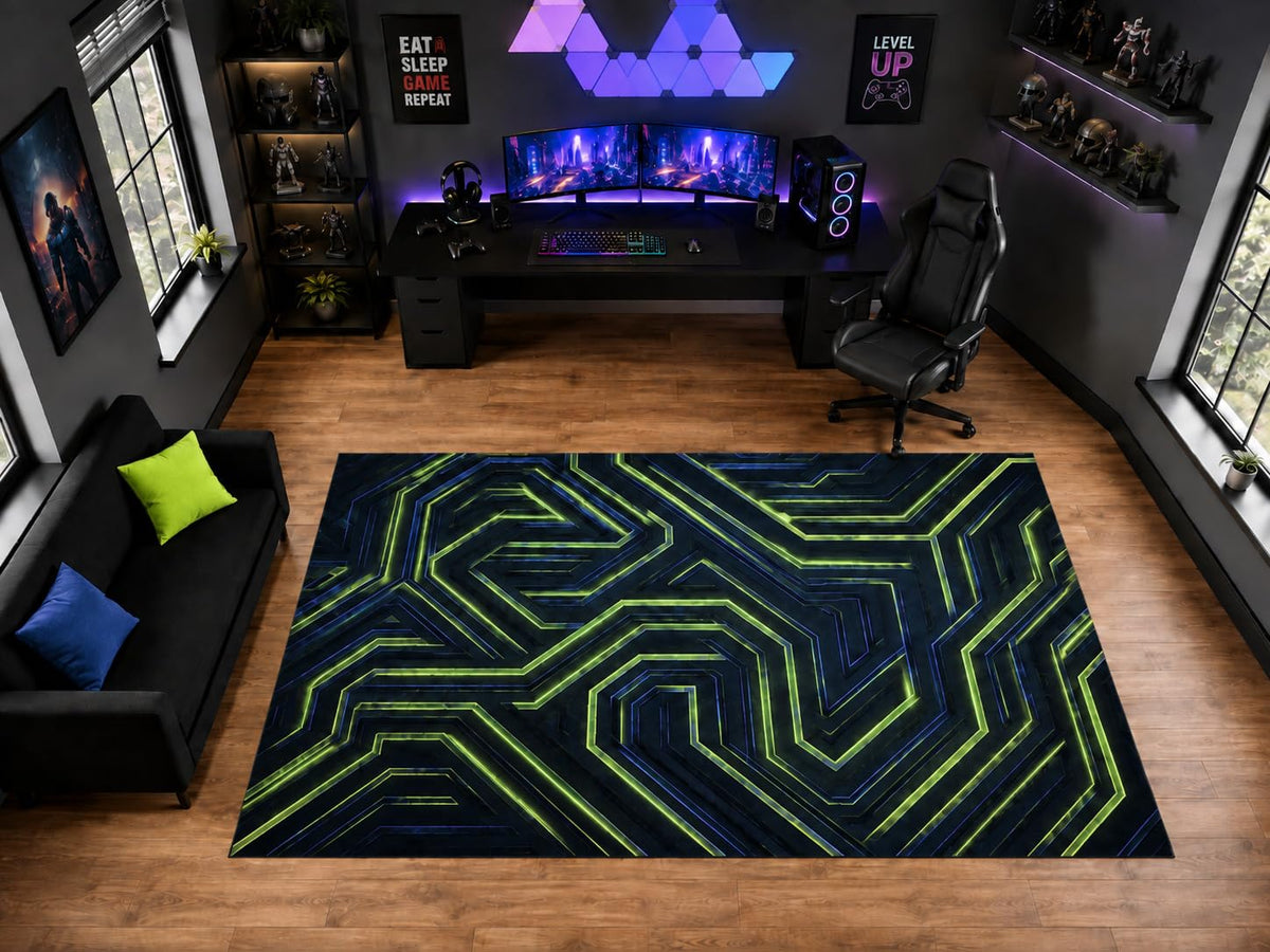 ICE ARMOR "Ultra Light Weight Large 6'7" x 9'10" Green Neon Maze Pattern Area Rug for Playroom Decor, Soft Low Pile Indoor Rug with Non-Slip Silicone Backing, Black Green Blue