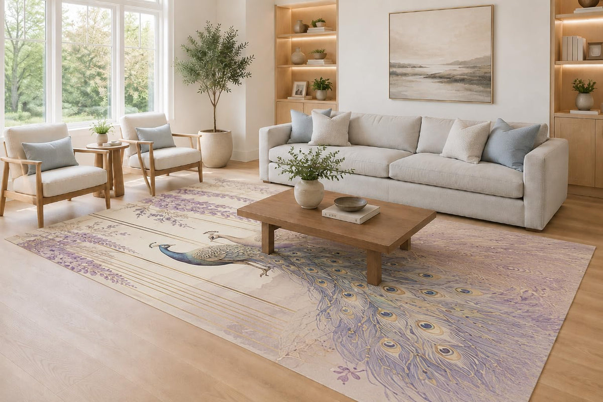 ICE ARMOR Large 6'7" x 9'10" Lavender and Ivory Floral Peacock Display Area Rug for Living Room, Soft Low Pile Carpet with Non-Slip Silicone Backing, Decor for Bedroom, Dining Area and Home Office