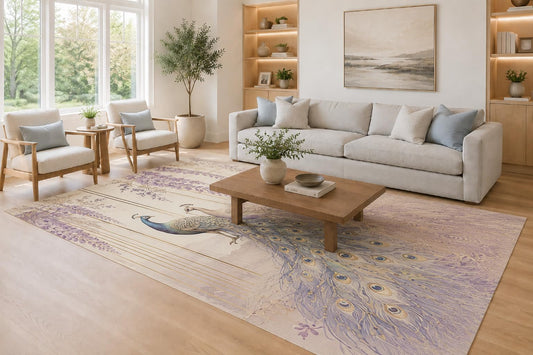 ICE ARMOR Large 6'7" x 9'10" Lavender and Ivory Floral Peacock Display Area Rug for Living Room, Soft Low Pile Carpet with Non-Slip Silicone Backing, Decor for Bedroom, Dining Area and Home Office