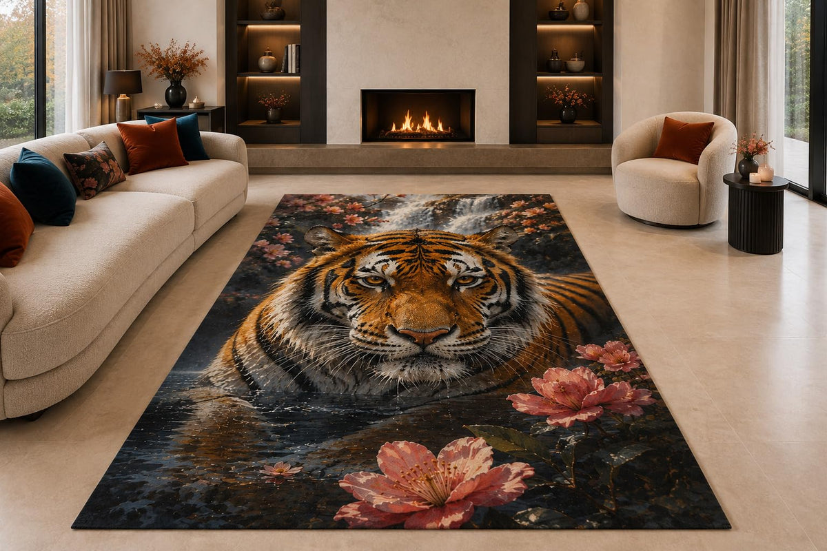 ICE ARMOR "Ultra Lightweight Large 6'7" x 9'10" Blossom River Tiger Area Rug for Living Room, Bedroom and Home Office, Soft Low Pile Carpet with Non-Slip Silicone Backing, Orange and Black