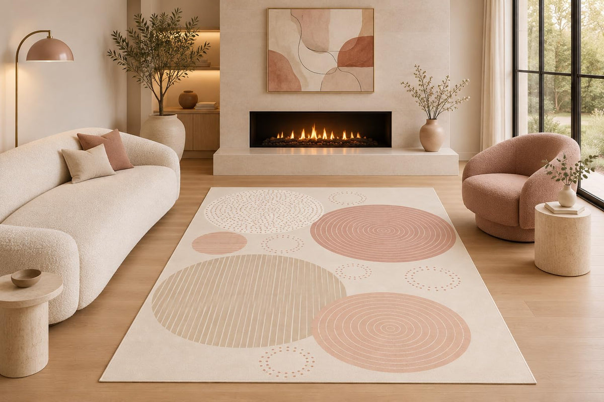ICE ARMOR 5' x 7' Modern Abstract Circle Area Rug Scandinavian Geometric Blush Beige Neutral Living Room Bedroom Nursery Decor Carpet Non-Slip Silicone Backing Low Pile