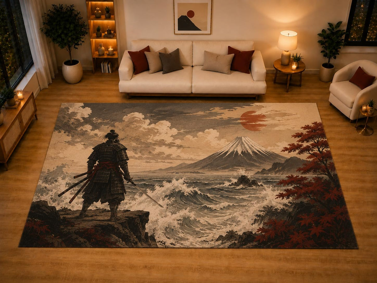 ICE ARMOR "Ultra Light Weight Large 6'7" x 9'10" Mount Fuji Ocean Area Rug for Living Room Bedroom Dining Area, Soft Low Pile Non-Slip Backing, Beige Red Black Japanese Decor