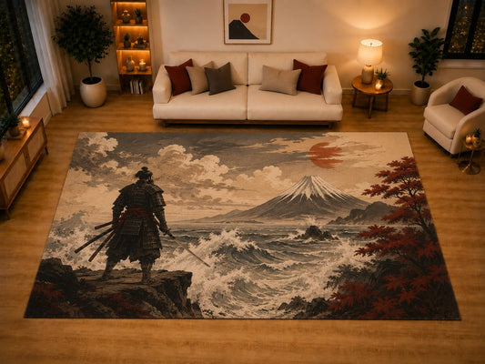 ICE ARMOR "Ultra Light Weight Large 6'7" x 9'10" Mount Fuji Ocean Area Rug for Living Room Bedroom Dining Area, Soft Low Pile Non-Slip Backing, Beige Red Black Japanese Decor
