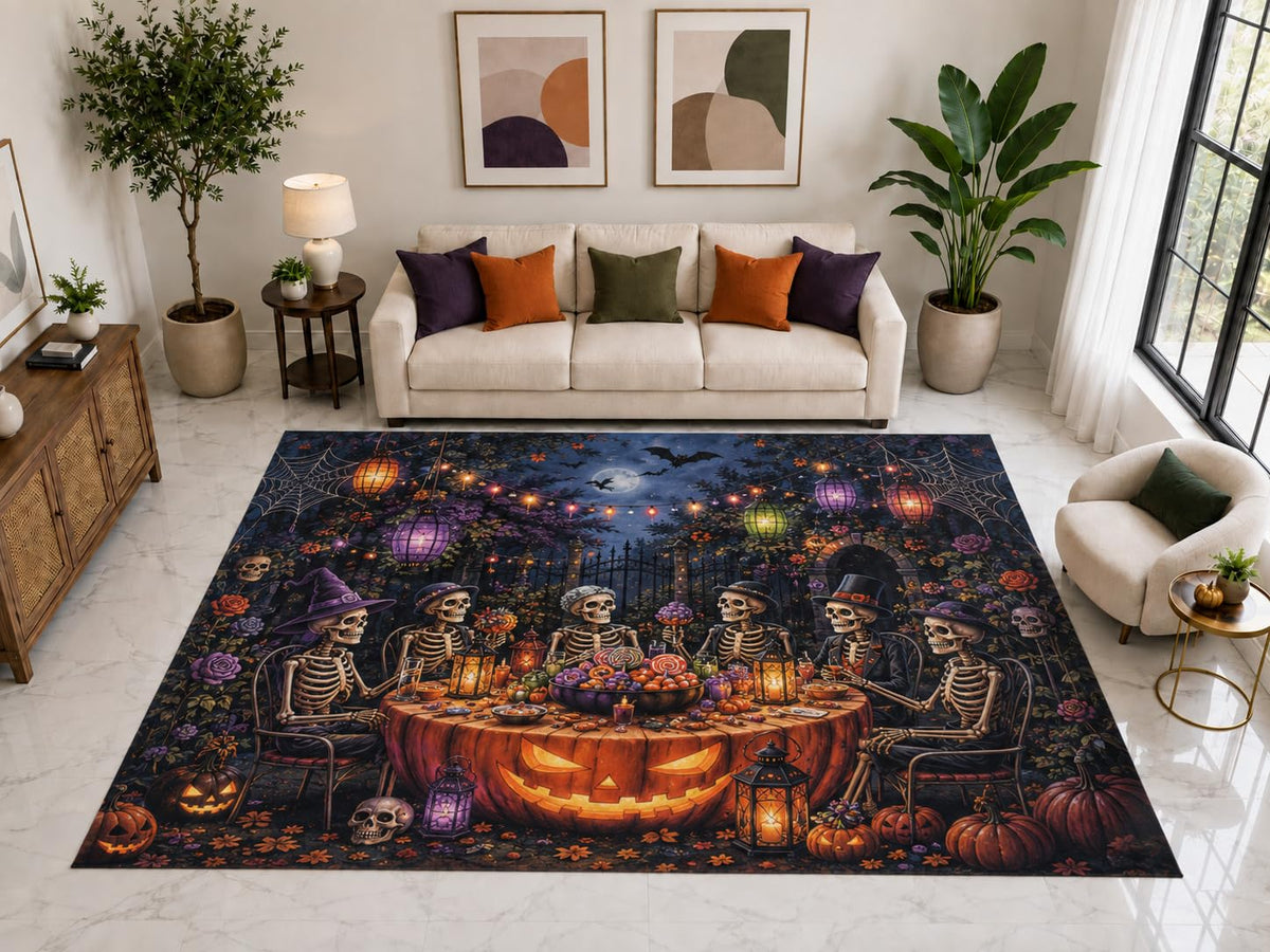 ICE ARMOR "Ultra Light Weight Large 6'7" x 9'10" Skeleton Pumpkin Rug, Soft Low Pile Indoor Rug, Non-Slip Silicone Backing for Family Room Black