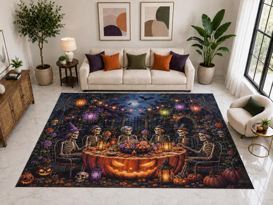 ICE ARMOR "Ultra Light Weight Large 6'7" x 9'10" Skeleton Pumpkin Rug, Soft Low Pile Indoor Rug, Non-Slip Silicone Backing for Family Room Black