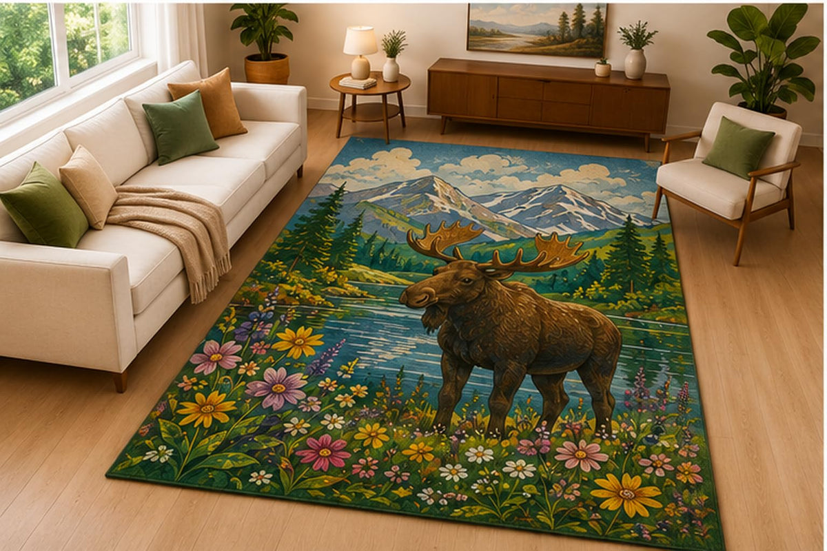 ICE ARMOR 5' x 7' Moose Mountain Lake Area Rug Soft Low Pile Indoor Rug with Non Slip Silicone Backing Wildlife Nature Decor Carpet for Living Room Bedroom Office Family Room Green