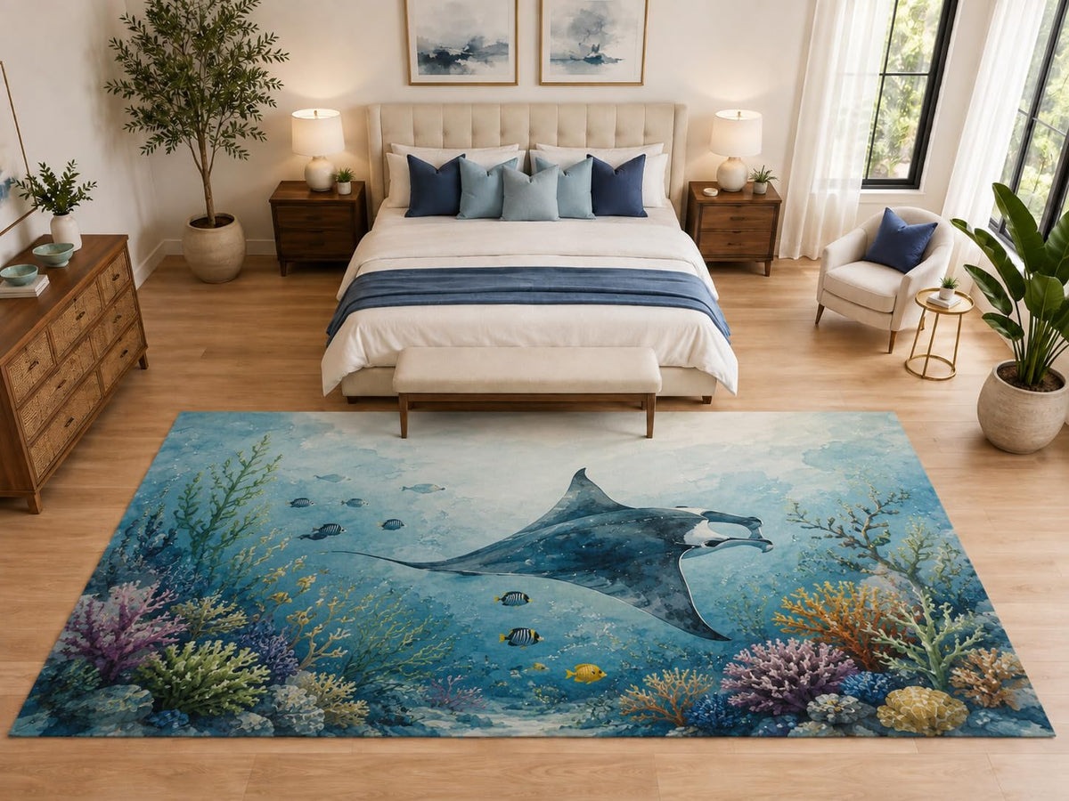 ICE ARMOR "Ultra Light Weight Large 6'7" x 9'10" Manta Ray Reef Rug for Bedroom, Soft Low Pile Indoor Rug and Non-Slip Silicone Backing, Light Blue