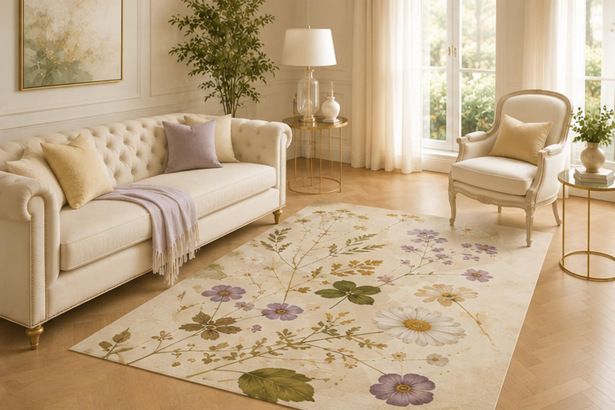 ICE ARMOR 5' x 7' Botanical Wildflower Area Rug for Living Room, Soft Low Pile Indoor Carpet with Non-Slip Backing for Bedroom, Dining Room, Office, Lavender