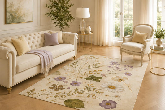 ICE ARMOR 5' x 7' Botanical Wildflower Area Rug for Living Room, Soft Low Pile Indoor Carpet with Non-Slip Backing for Bedroom, Dining Room, Office, Lavender