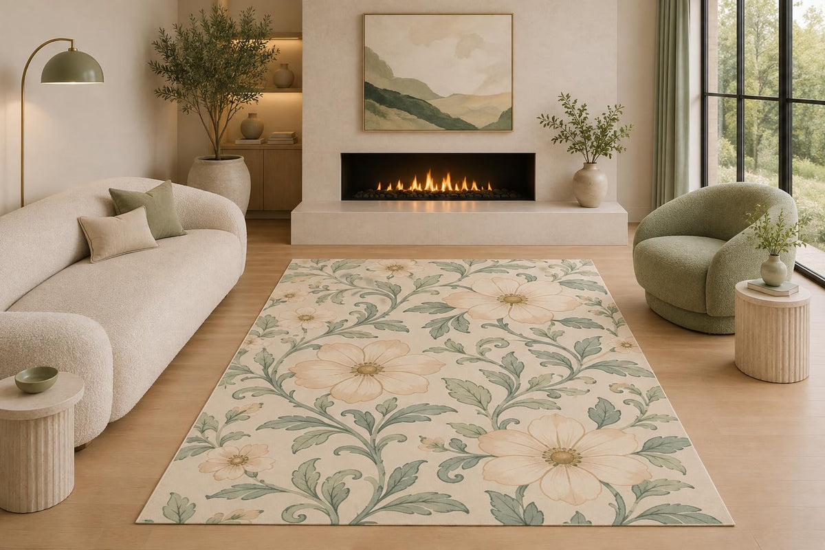 ICE ARMOR 5' x 7' Vintage Botanical Floral Area Rug Cottage Garden Bloom Sage Green Beige Living Room Bedroom Dining Room Non-Slip Silicone Backing Low Pile