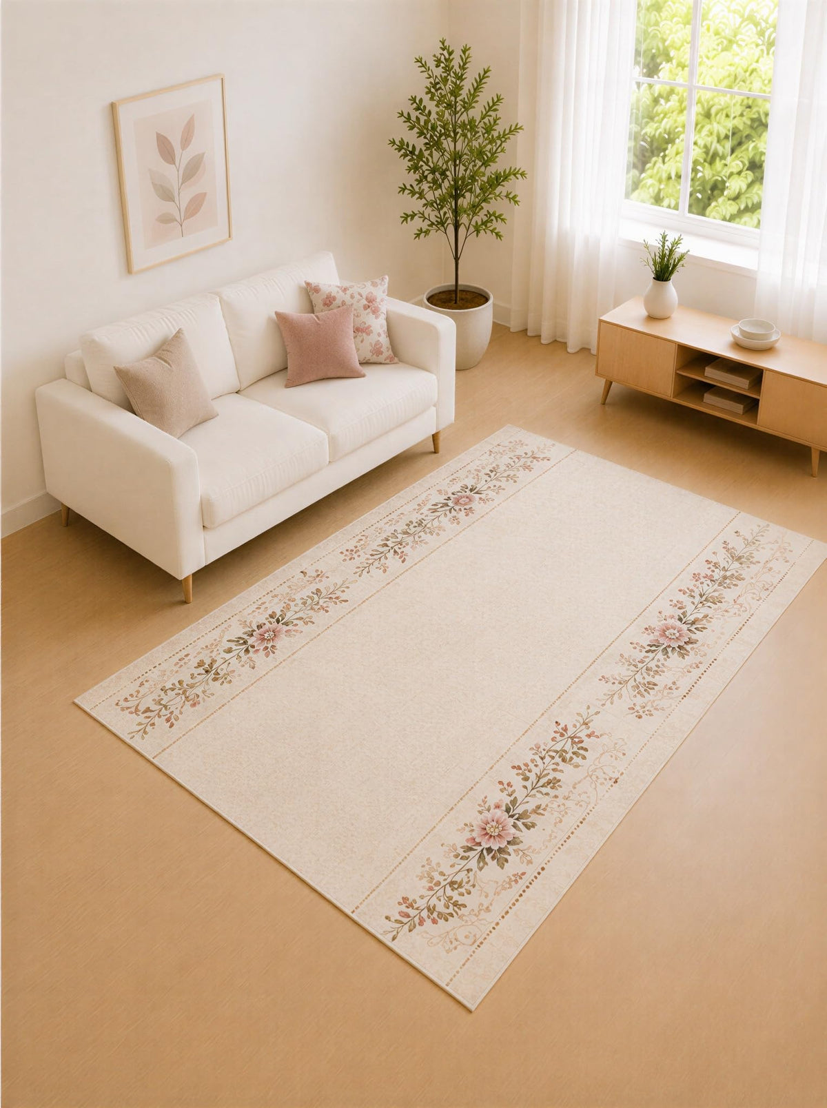 ICE ARMOR "Ultra Lightweight 5' x 7' Beige and Pink Botanical Border Area Rug for Living Room, Bedroom and Home Office, Soft Low Pile Carpet with Non-Slip Silicone Backing