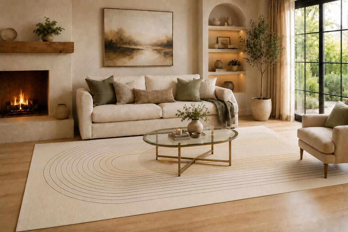 ICE ARMOR Large 6'7" x 9'10" Cream and Gray Minimalist Loop Lines Area Rug for Living Room, Soft Low Pile Carpet with Non-Slip Silicone Backing, Decor for Bedroom and Home Office
