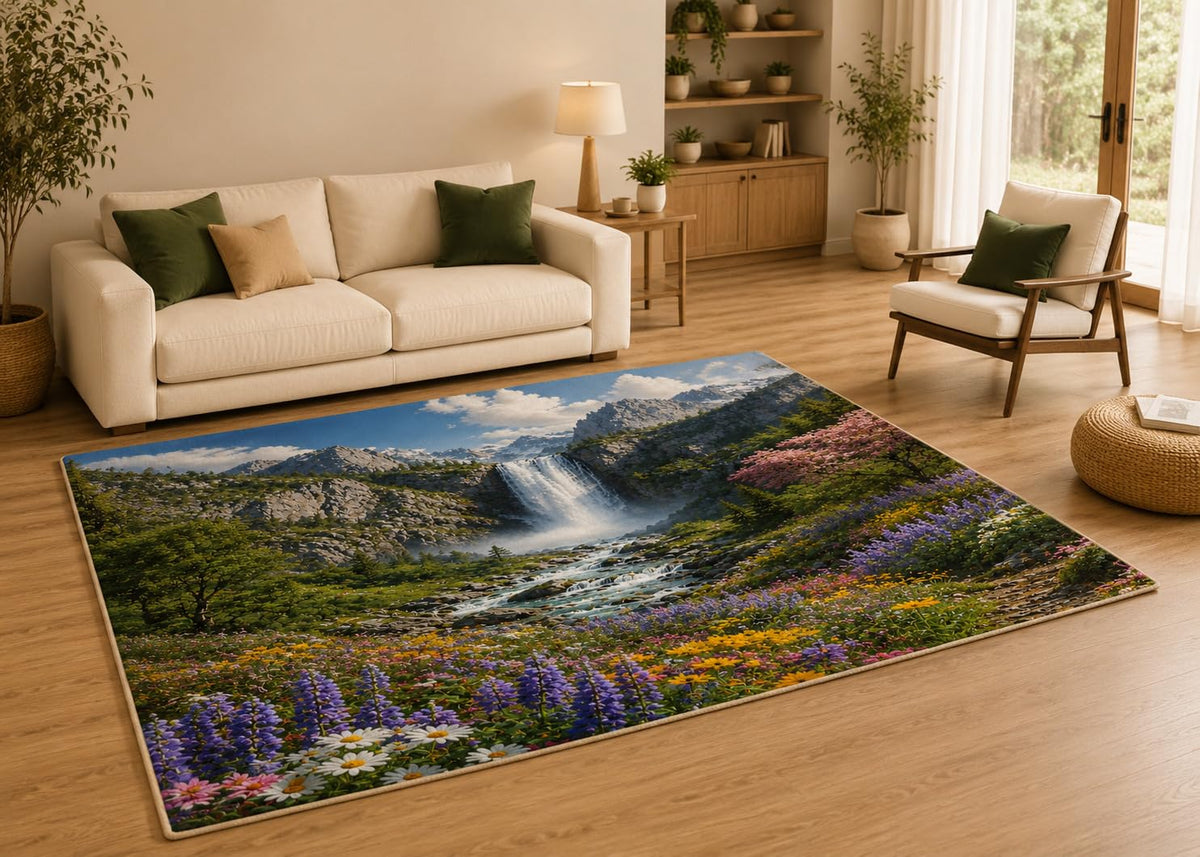 ICE ARMOR 5' x 7' Mountain Waterfall Wildflower Area Rug with Non-Slip Silicone Backing Low Pile Soft Carpet for Living Room Bedroom Nature Landscape Decor