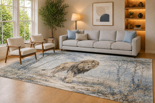 ICE ARMOR Large 6'7" x 9'10" Blue and Ivory Misty Lion Area Rug for Living Room, Soft Low Pile Carpet with Non-Slip Silicone Backing, Decor for Bedroom Dining Room and Home Office