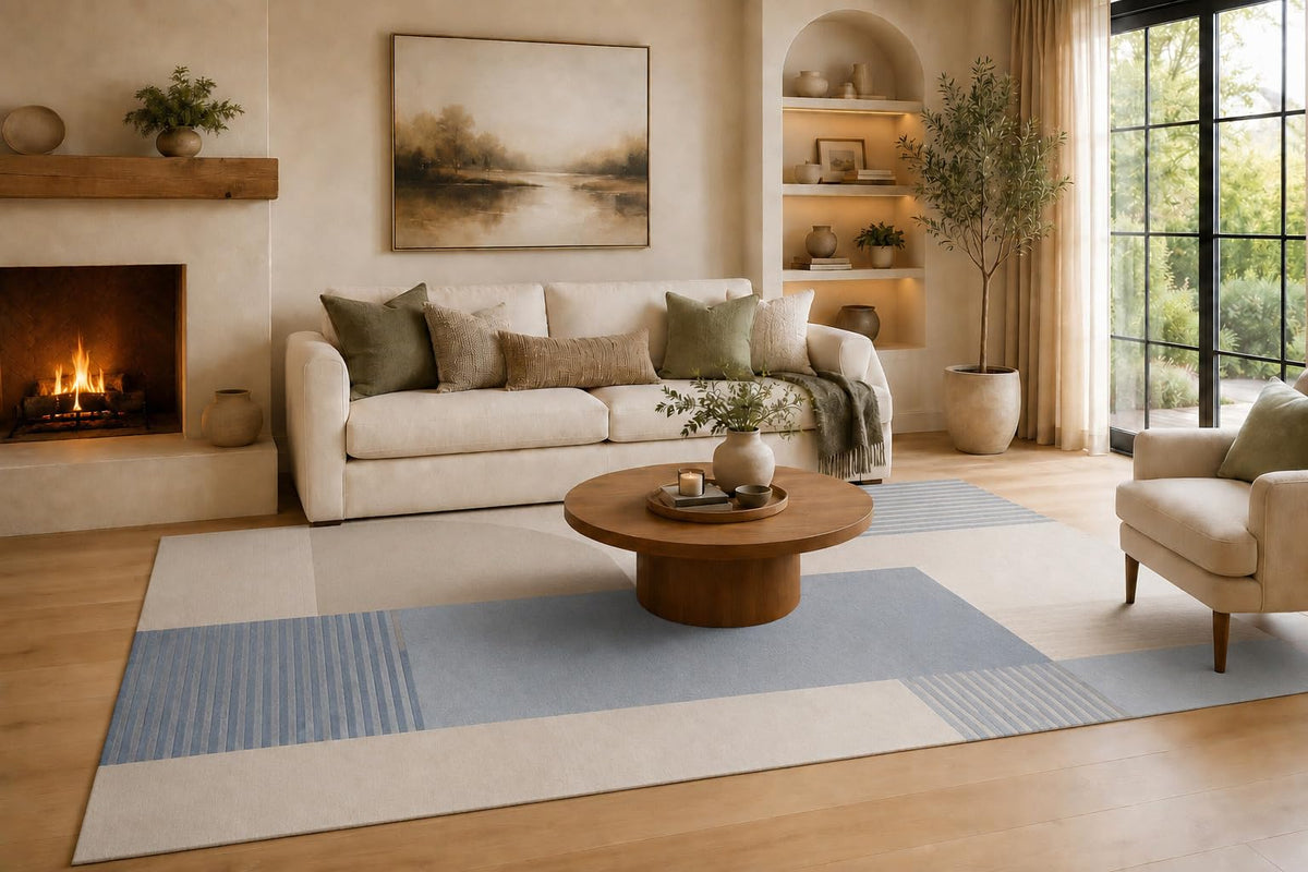 ICE ARMOR Large 6'7" x 9'10" Light Blue and Ivory Offset Stripe Panels Area Rug for Living Room, Soft Low Pile Carpet with Non-Slip Silicone Backing, Decor for Bedroom, Dining Area and Home Office