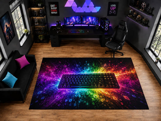 ICE ARMOR "Ultra Light Weight Large 6'7" x 9'10" RGB Gaming Keyboard Burst Area Rug for Playroom Decor, Soft Low Pile Indoor Rug with Non-Slip Silicone Backing, Black Multicolor