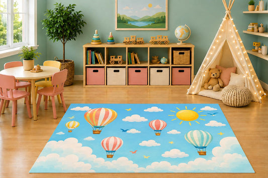 ICE ARMOR 5' x 7' Hot Air Balloon Sky Area Rug, Watercolor Clouds Sunshine Nursery Kids Playroom Bedroom Decor, Non-Slip Silicone Backing Low Pile